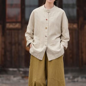 Women's ramie Chinese-style stand collar cardigan