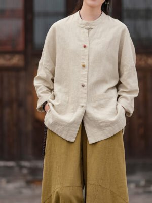 Women's ramie Chinese-style stand collar cardigan