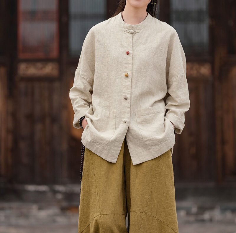 Women's ramie Chinese-style stand collar cardigan