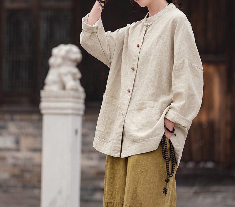 Women's ramie Chinese-style stand collar cardigan