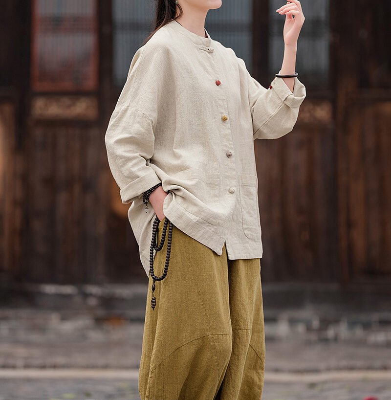 Women's ramie Chinese-style stand collar cardigan