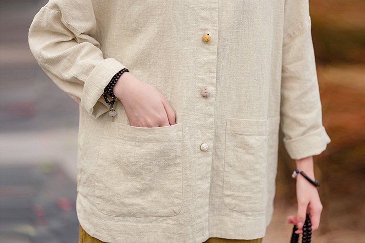 Women's ramie Chinese-style stand collar cardigan