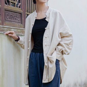 Women's ramie Chinese-style tea dress with plate buttons