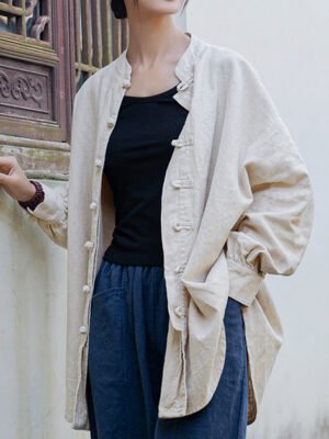 Women's ramie Chinese-style tea dress with plate buttons