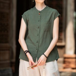 Women's cotton and linen stand collar vest sleeveless shirt