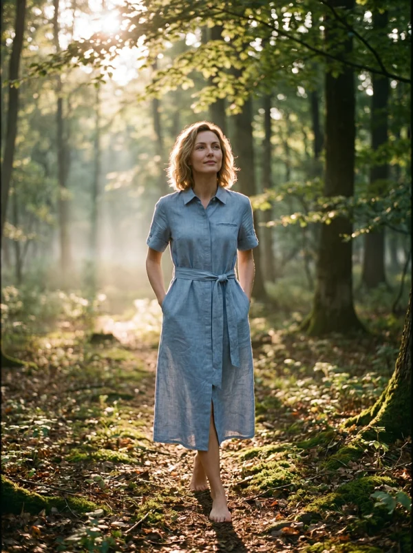 Ocean Breeze | French Retro Light Blue Linen Shirt Dress -100% Pure Linen Midi Casual Summer Dress with Belt & Pockets - Image 5