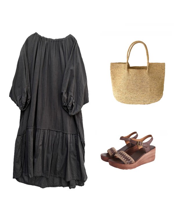 The Classic Cotton-Linen Tiered Midi Dress | Loose-Fit Shirred Dress in Muted Charcoal-2026 New Style - Image 14