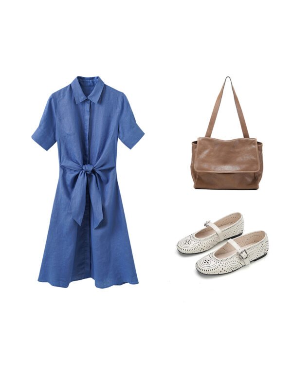 The Classic French Linen Shirt Dress | Midi Button-Down Dress with Waist Tie in Timeless Navy - Image 14
