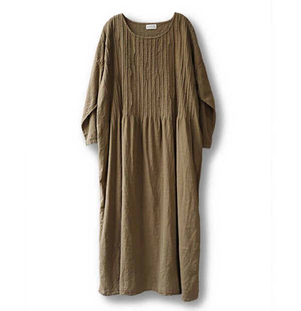 Dark Khaki Cotton Linen Pleated Dress - French Vintage Loose Long Sleeve Midi Dress with Pockets - Image 9