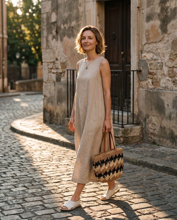 Off-Beige & Black   Ramie Cotton Sleeveless Dress - French Vintage Loose Midi Dress with Back Button Detail