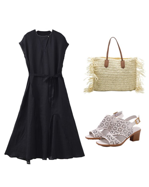 Off-White & Black Pure Ramie Belted Midi Dress - French Vintage Cap Sleeve Summer Dress - 2026 New Style - Image 15