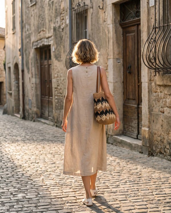 Off-Beige & Black   Ramie Cotton Sleeveless Dress - French Vintage Loose Midi Dress with Back Button Detail - Image 3