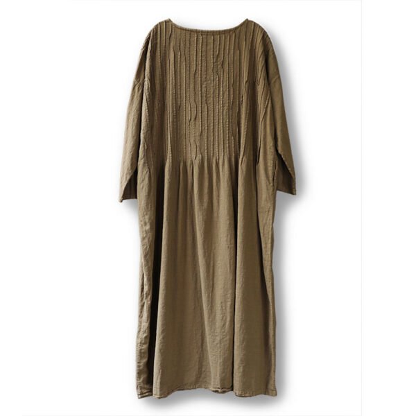 Dark Khaki Cotton Linen Pleated Dress - French Vintage Loose Long Sleeve Midi Dress with Pockets - Image 10