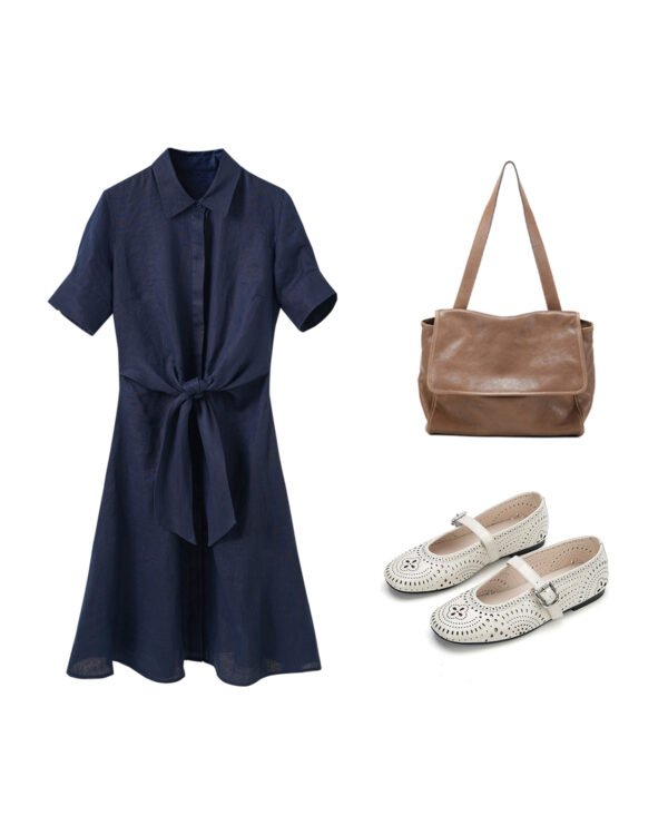 The Classic French Linen Shirt Dress | Midi Button-Down Dress with Waist Tie in Deep Forest - Image 12