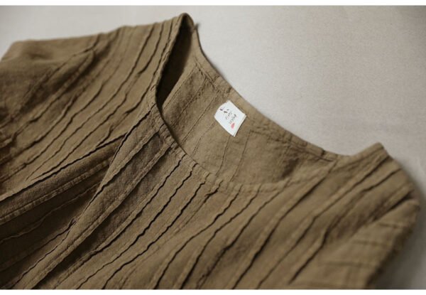 Dark Khaki Cotton Linen Pleated Dress - French Vintage Loose Long Sleeve Midi Dress with Pockets - Image 6