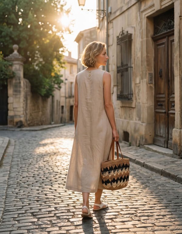 Off-Beige & Black   Ramie Cotton Sleeveless Dress - French Vintage Loose Midi Dress with Back Button Detail - Image 6
