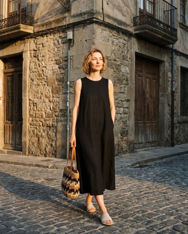 Off-Beige & Black   Ramie Cotton Sleeveless Dress - French Vintage Loose Midi Dress with Back Button Detail - Image 4