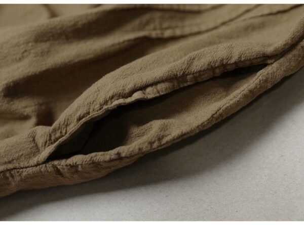 Dark Khaki Cotton Linen Pleated Dress - French Vintage Loose Long Sleeve Midi Dress with Pockets - Image 8