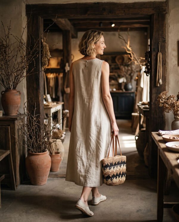Off-Beige & Black   Ramie Cotton Sleeveless Dress - French Vintage Loose Midi Dress with Back Button Detail - Image 7