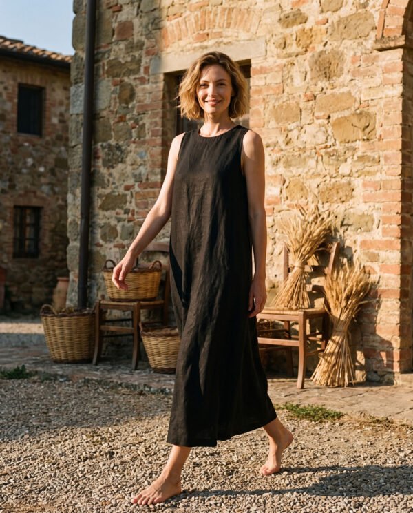 Off-Beige & Black   Ramie Cotton Sleeveless Dress - French Vintage Loose Midi Dress with Back Button Detail - Image 5