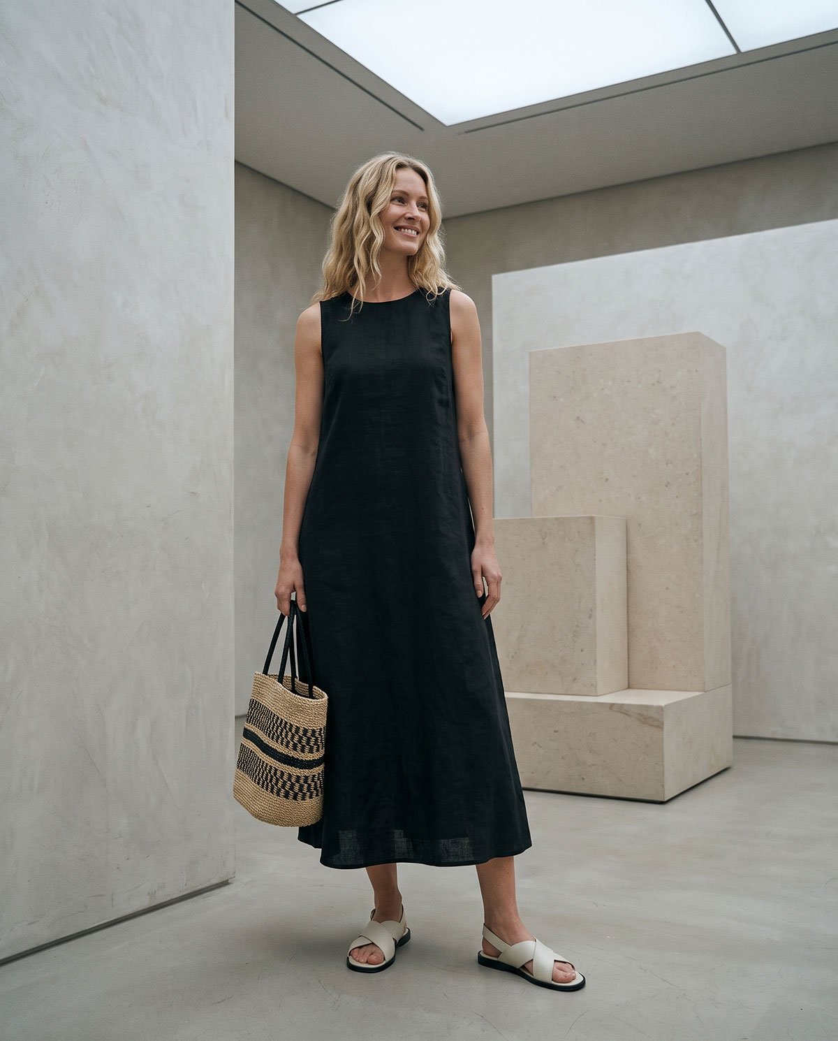 Off-Beige & Black   Ramie Cotton Sleeveless Dress - French Vintage Loose Midi Dress with Back Button Detail - Image 1