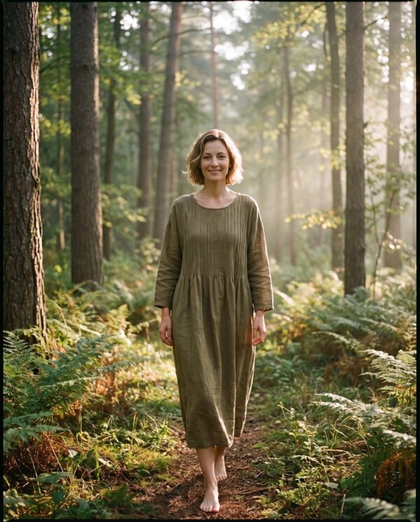 Dark Khaki Cotton Linen Pleated Dress - French Vintage Loose Long Sleeve Midi Dress with Pockets - Image 5