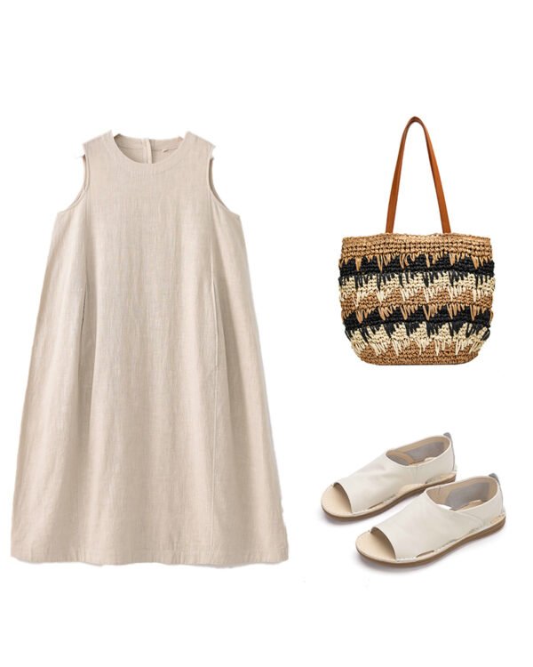 Off-Beige & Black   Ramie Cotton Sleeveless Dress - French Vintage Loose Midi Dress with Back Button Detail - Image 19