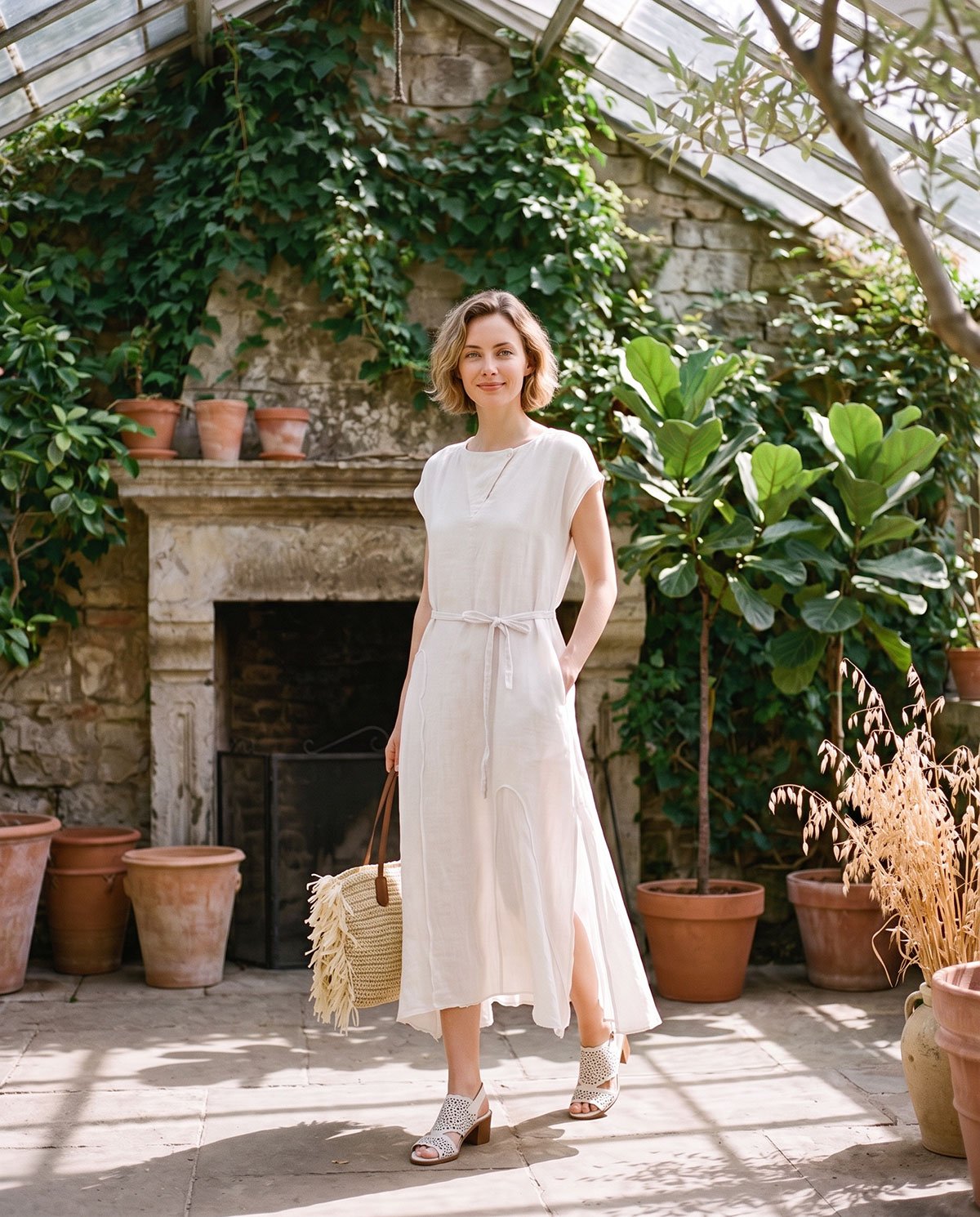 Off-White & Black Pure Ramie Belted Midi Dress - French Vintage Cap Sleeve Summer Dress - 2026 New Style - Image 1