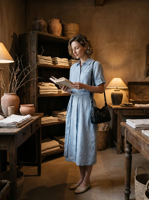 Ocean Breeze | French Retro Light Blue Linen Shirt Dress -100% Pure Linen Midi Casual Summer Dress with Belt & Pockets - Image 3
