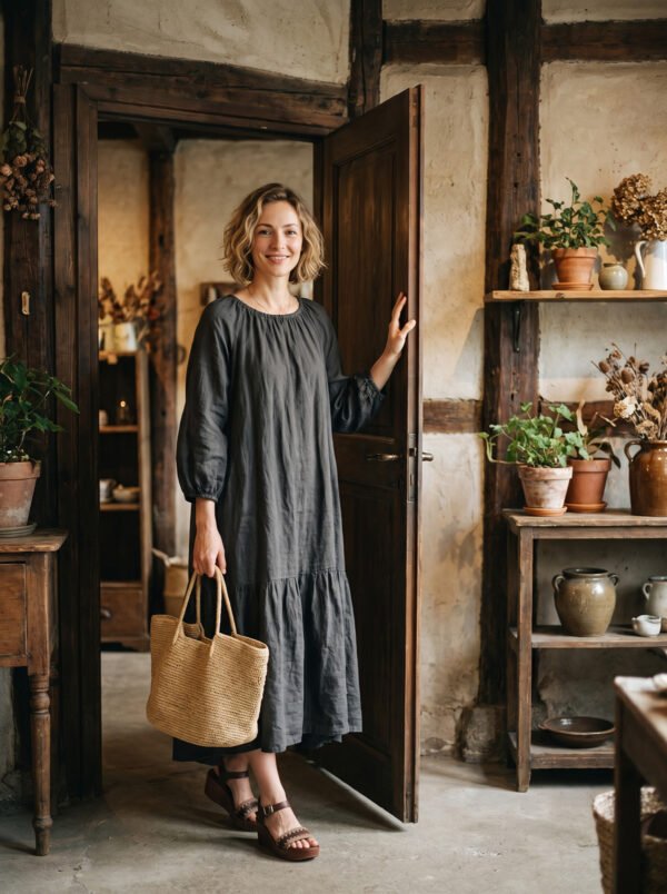 The Classic Cotton-Linen Tiered Midi Dress | Loose-Fit Shirred Dress in Muted Charcoal-2026 New Style - Image 4