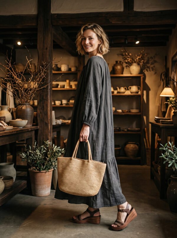 The Classic Cotton-Linen Tiered Midi Dress | Loose-Fit Shirred Dress in Muted Charcoal-2026 New Style - Image 5