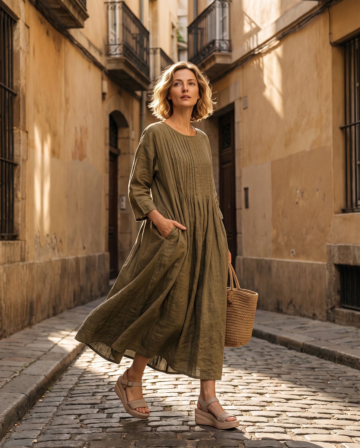Dark Khaki Cotton Linen Pleated Dress - French Vintage Loose Long Sleeve Midi Dress with Pockets - Image 1