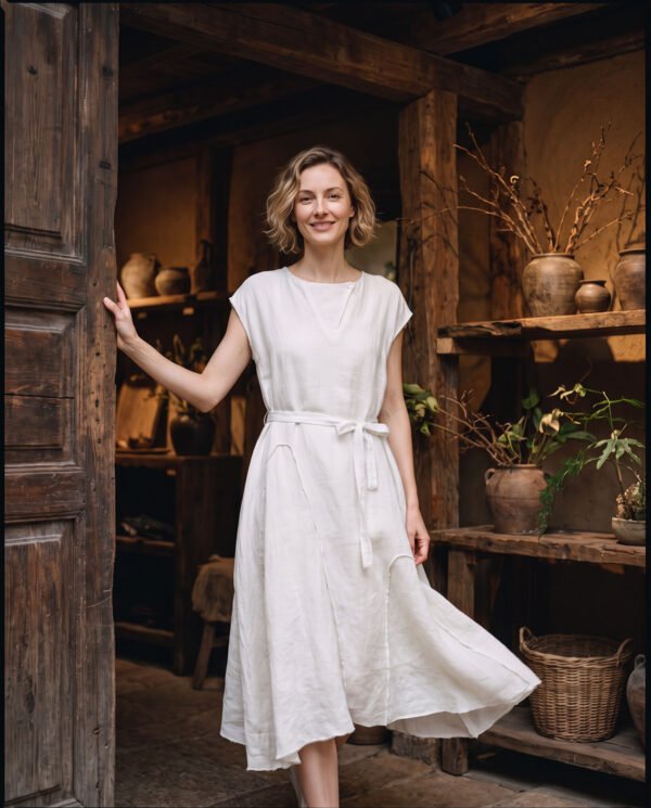 Off-White & Black Pure Ramie Belted Midi Dress - French Vintage Cap Sleeve Summer Dress - 2026 New Style - Image 5