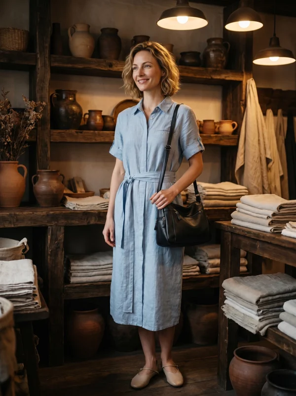 Ocean Breeze | French Retro Light Blue Linen Shirt Dress -100% Pure Linen Midi Casual Summer Dress with Belt & Pockets - Image 4
