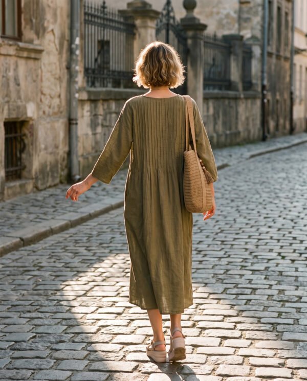 Dark Khaki Cotton Linen Pleated Dress - French Vintage Loose Long Sleeve Midi Dress with Pockets