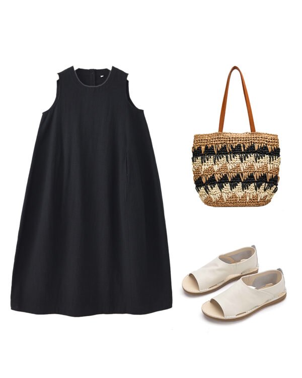 Off-Beige & Black   Ramie Cotton Sleeveless Dress - French Vintage Loose Midi Dress with Back Button Detail - Image 20
