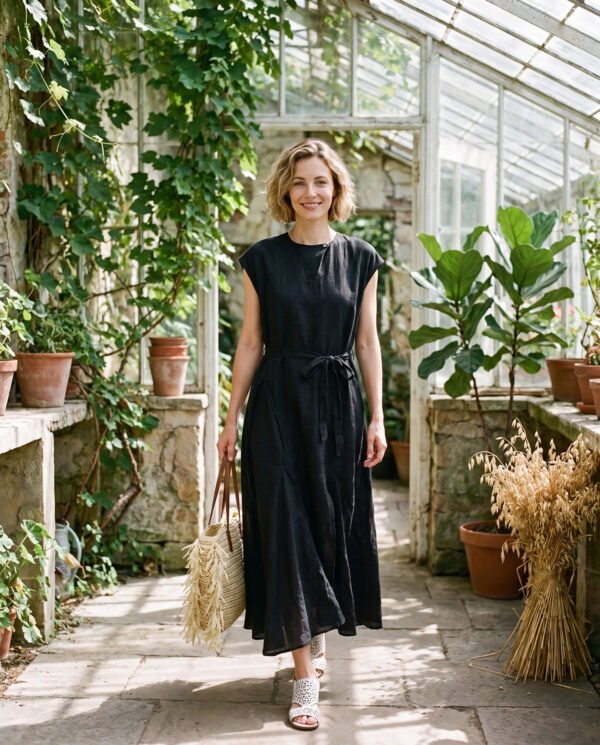 Off-White & Black Pure Ramie Belted Midi Dress - French Vintage Cap Sleeve Summer Dress - 2026 New Style