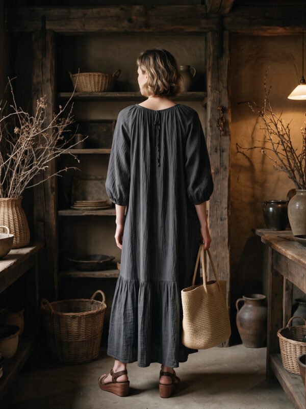 The Classic Cotton-Linen Tiered Midi Dress | Loose-Fit Shirred Dress in Muted Charcoal-2026 New Style - Image 6