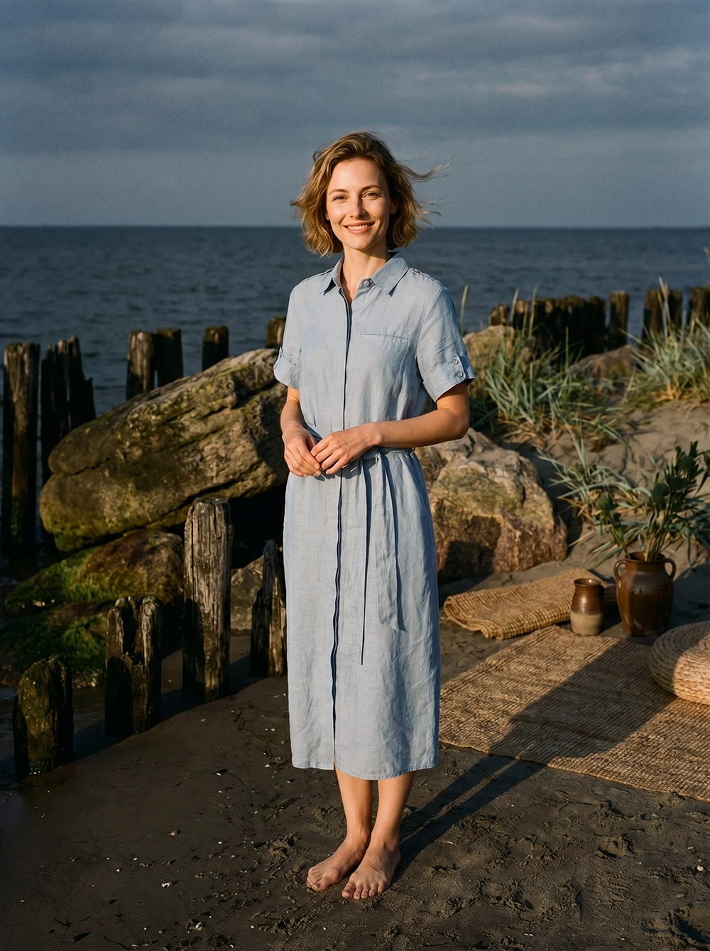 Ocean Breeze | French Retro Light Blue Linen Shirt Dress -100% Pure Linen Midi Casual Summer Dress with Belt & Pockets - Image 1