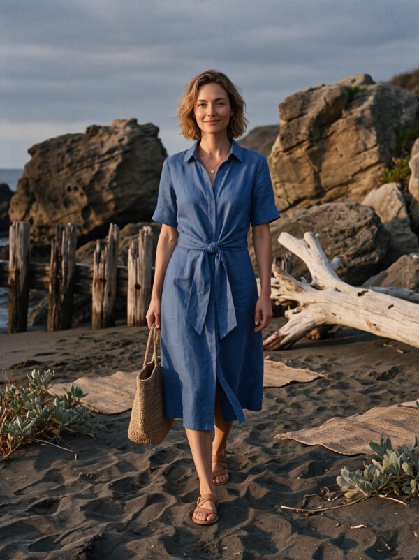 The Classic French Linen Shirt Dress | Midi Button-Down Dress with Waist Tie in Timeless Navy - Image 4