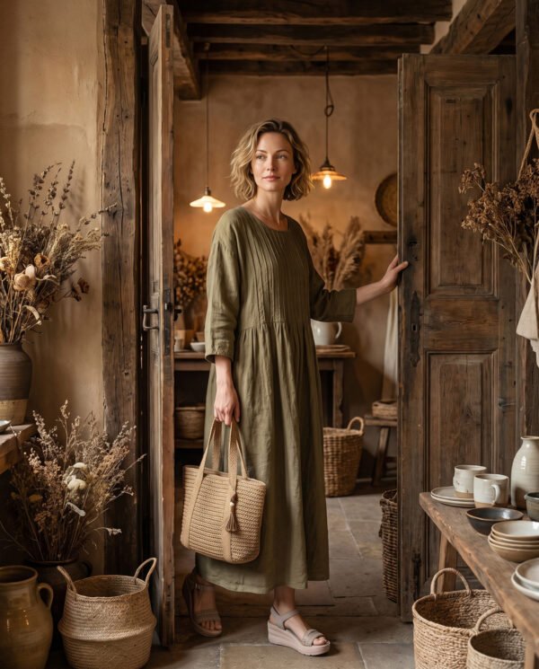 Dark Khaki Cotton Linen Pleated Dress - French Vintage Loose Long Sleeve Midi Dress with Pockets - Image 3