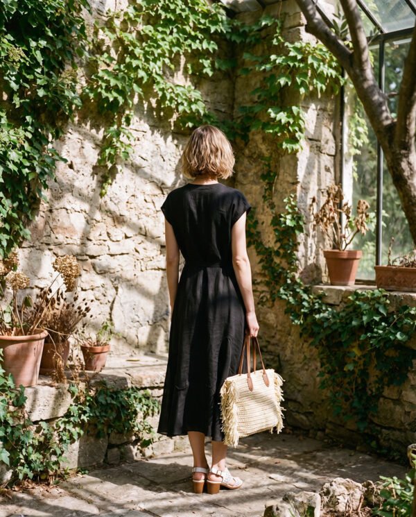 Off-White & Black Pure Ramie Belted Midi Dress - French Vintage Cap Sleeve Summer Dress - 2026 New Style - Image 3