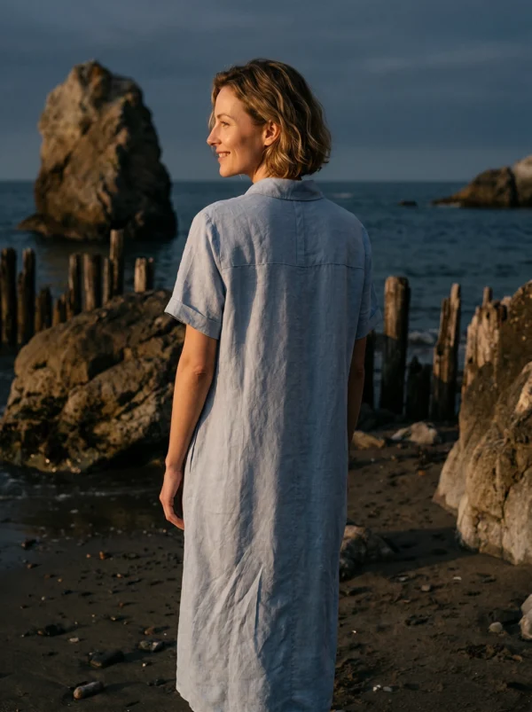 Ocean Breeze | French Retro Light Blue Linen Shirt Dress -100% Pure Linen Midi Casual Summer Dress with Belt & Pockets