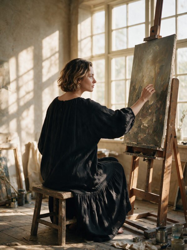 The Classic Cotton-Linen Tiered Midi Dress | Loose-Fit Shirred Dress in Muted Charcoal-2026 New Style - Image 7