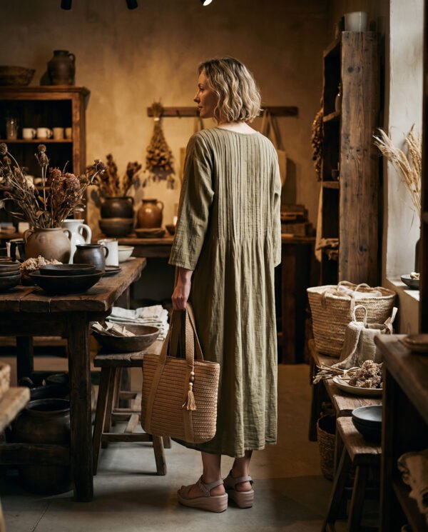 Dark Khaki Cotton Linen Pleated Dress - French Vintage Loose Long Sleeve Midi Dress with Pockets - Image 4