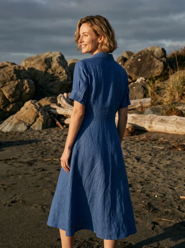 The Classic French Linen Shirt Dress | Midi Button-Down Dress with Waist Tie in Timeless Navy - Image 5