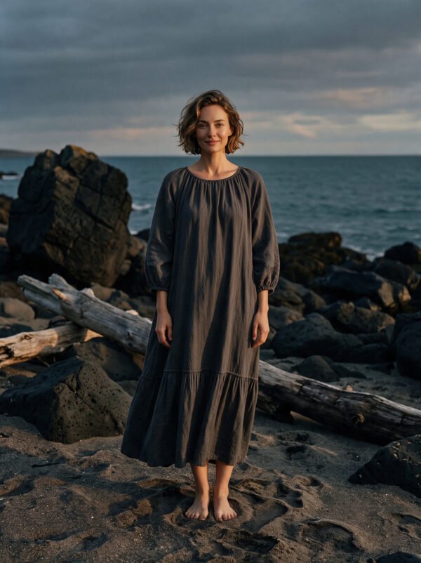 The Classic Cotton-Linen Tiered Midi Dress | Loose-Fit Shirred Dress in Muted Charcoal-2026 New Style - Image 8