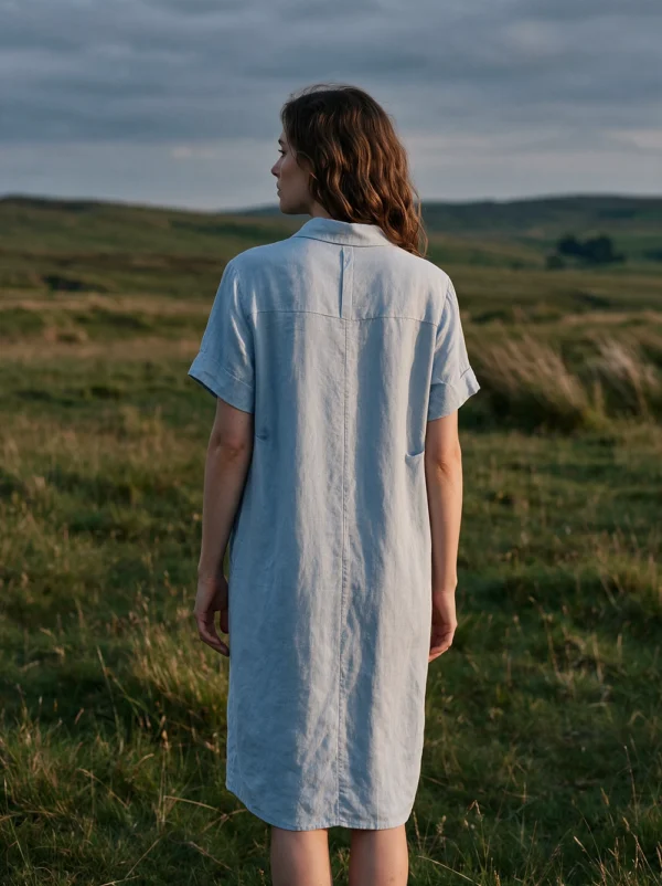 Ocean Breeze | French Retro Light Blue Linen Shirt Dress -100% Pure Linen Midi Casual Summer Dress with Belt & Pockets - Image 6