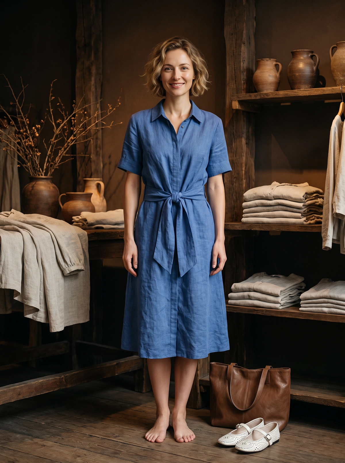 The Classic French Linen Shirt Dress | Midi Button-Down Dress with Waist Tie in Timeless Navy - Image 1