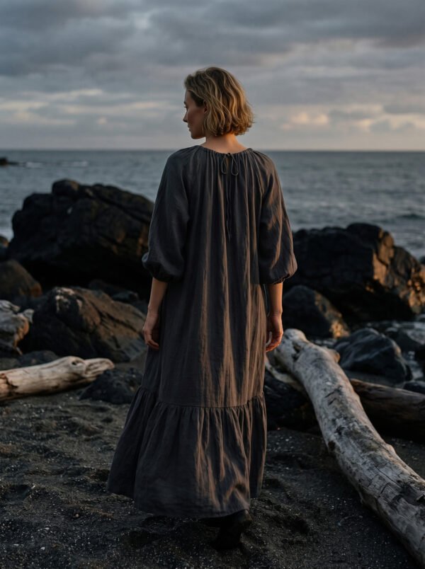 The Classic Cotton-Linen Tiered Midi Dress | Loose-Fit Shirred Dress in Muted Charcoal-2026 New Style - Image 9